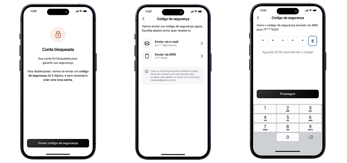 Swile app screens — blocked account flow: conta bloqueada, código de segurança e verificação por SMS